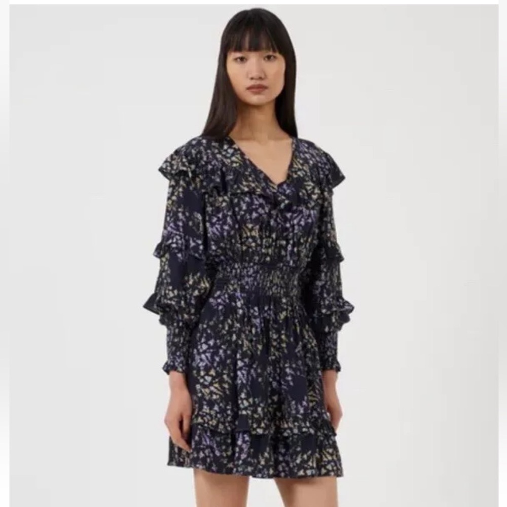 FRENCH CONNECTION Womens Birgin Colette Eco Crepe Ruffle Tiered Dress Navy NWT